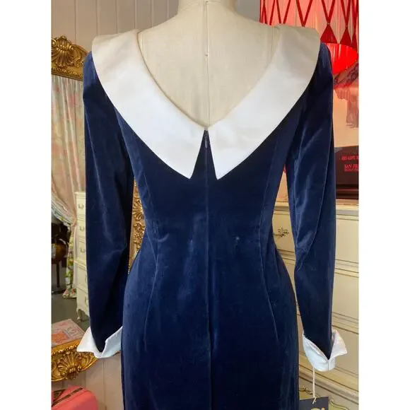 vintage 1980s blue velveteen gown reverse collar french cuffs 80s fashion velvet - Picture 9 of 10